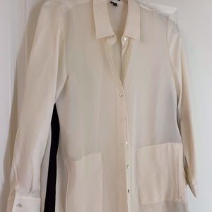 Theory White and Black Silk Button Up Blouse LG